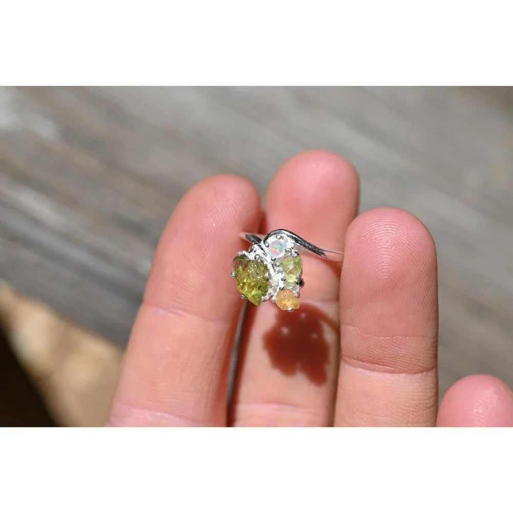 Engagement ring Peridot, Opal & Yellow Montana Sapphire Ring in Sterling Silver